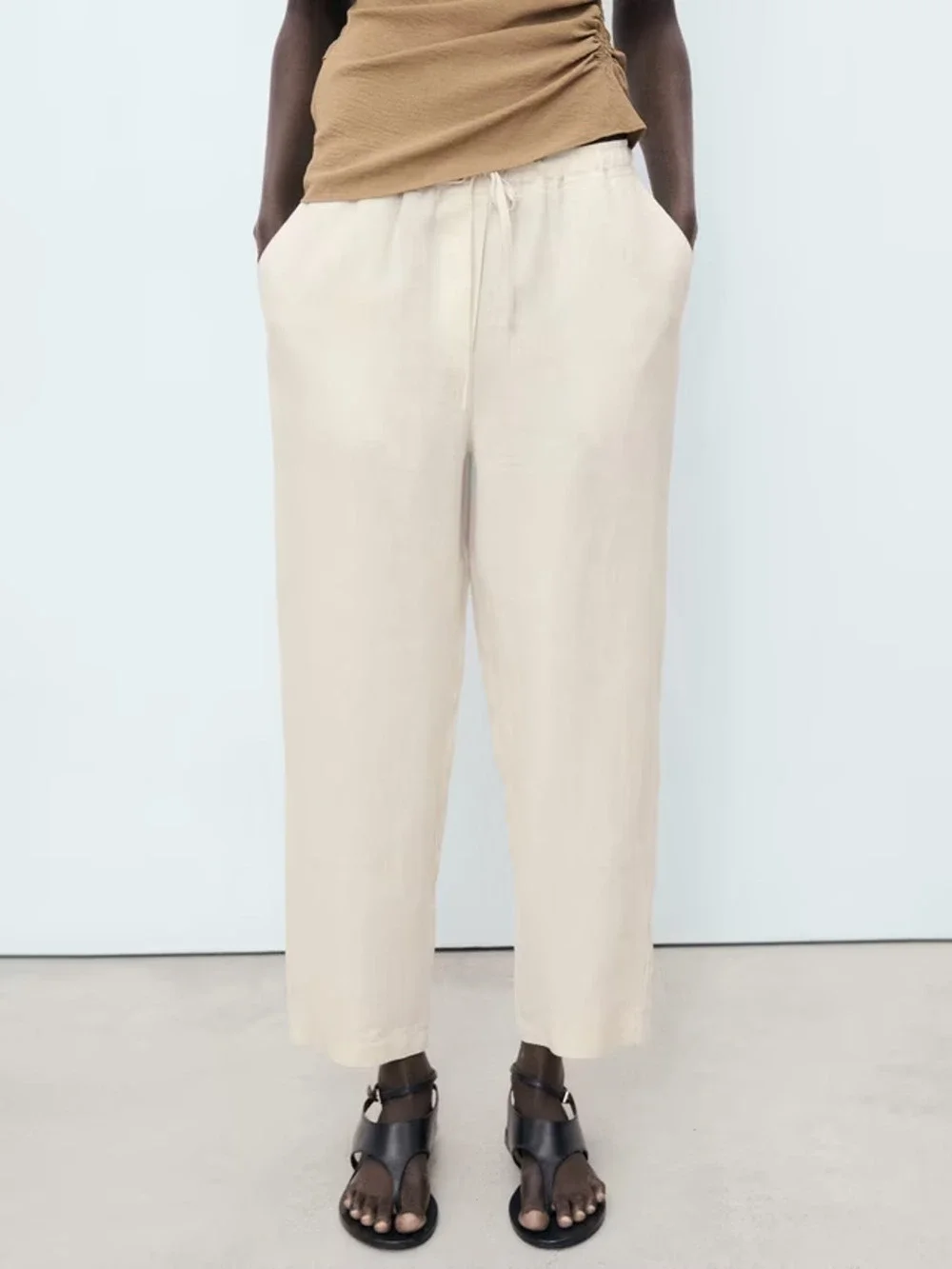 Mango Drawstring Pure Linen Trousers pants pull on Y2K Beige XL A006495